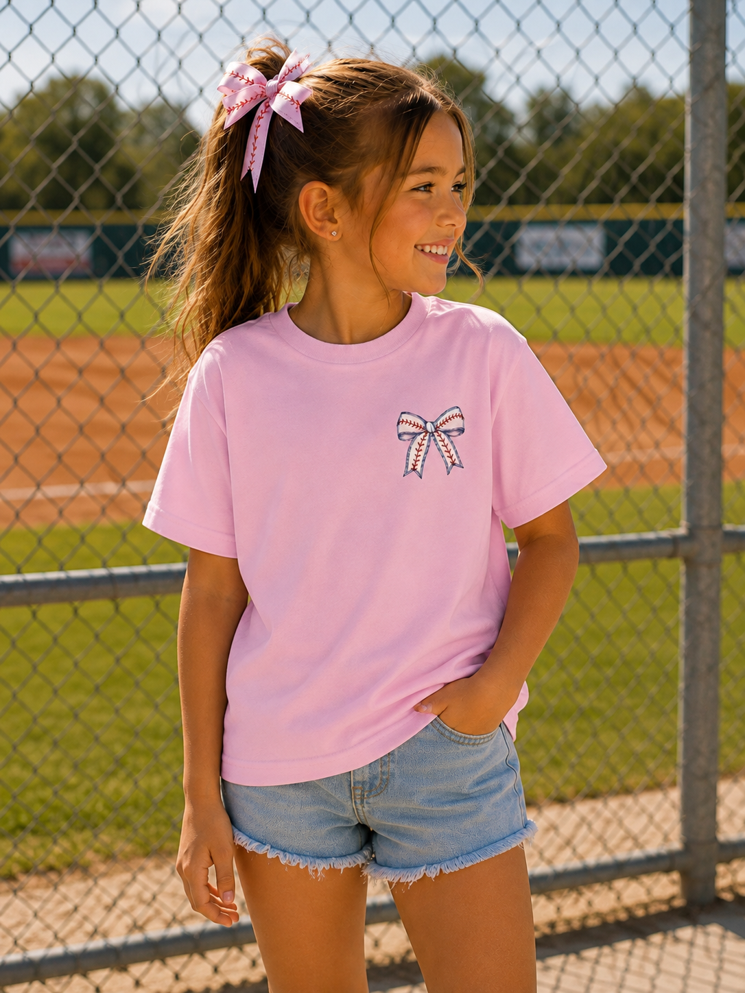 Game Day Bow Youth Tee - Blossom